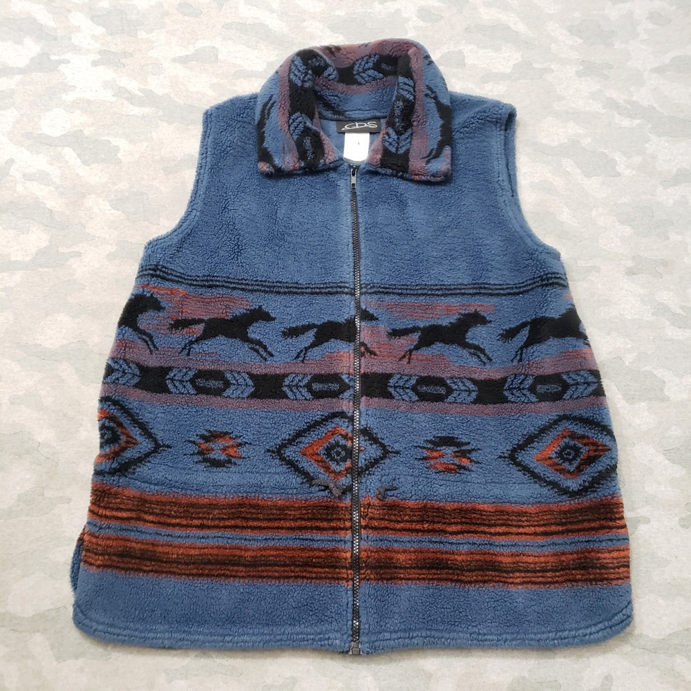 Vintage CDS Fleece Vest Womens Medium Blue Southwestern Horse Print Full Zip USA
